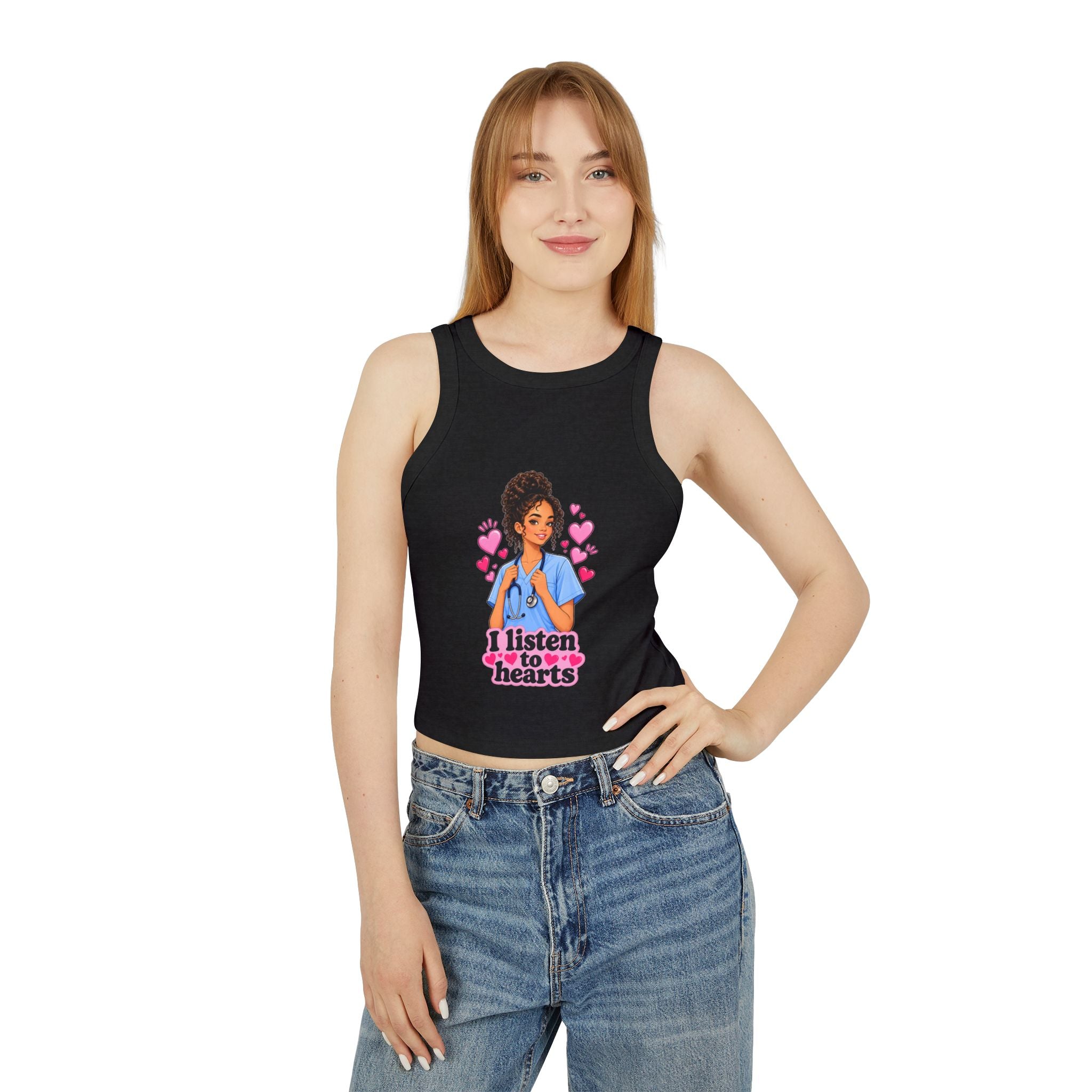 Nurse Graphic Tank Top — "I Listen to Hearts" Micro Rib Racer Tank
