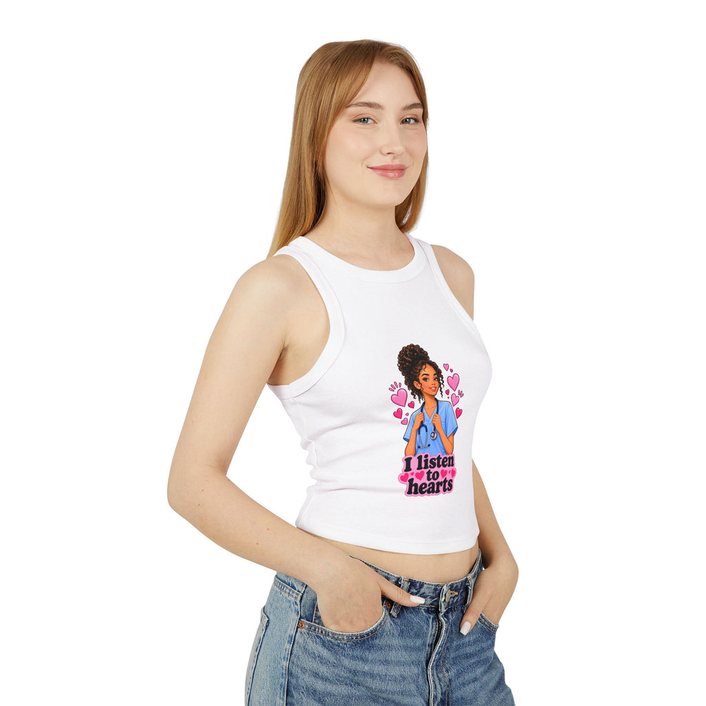 Nurse Graphic Tank Top — "I Listen to Hearts" Micro Rib Racer Tank