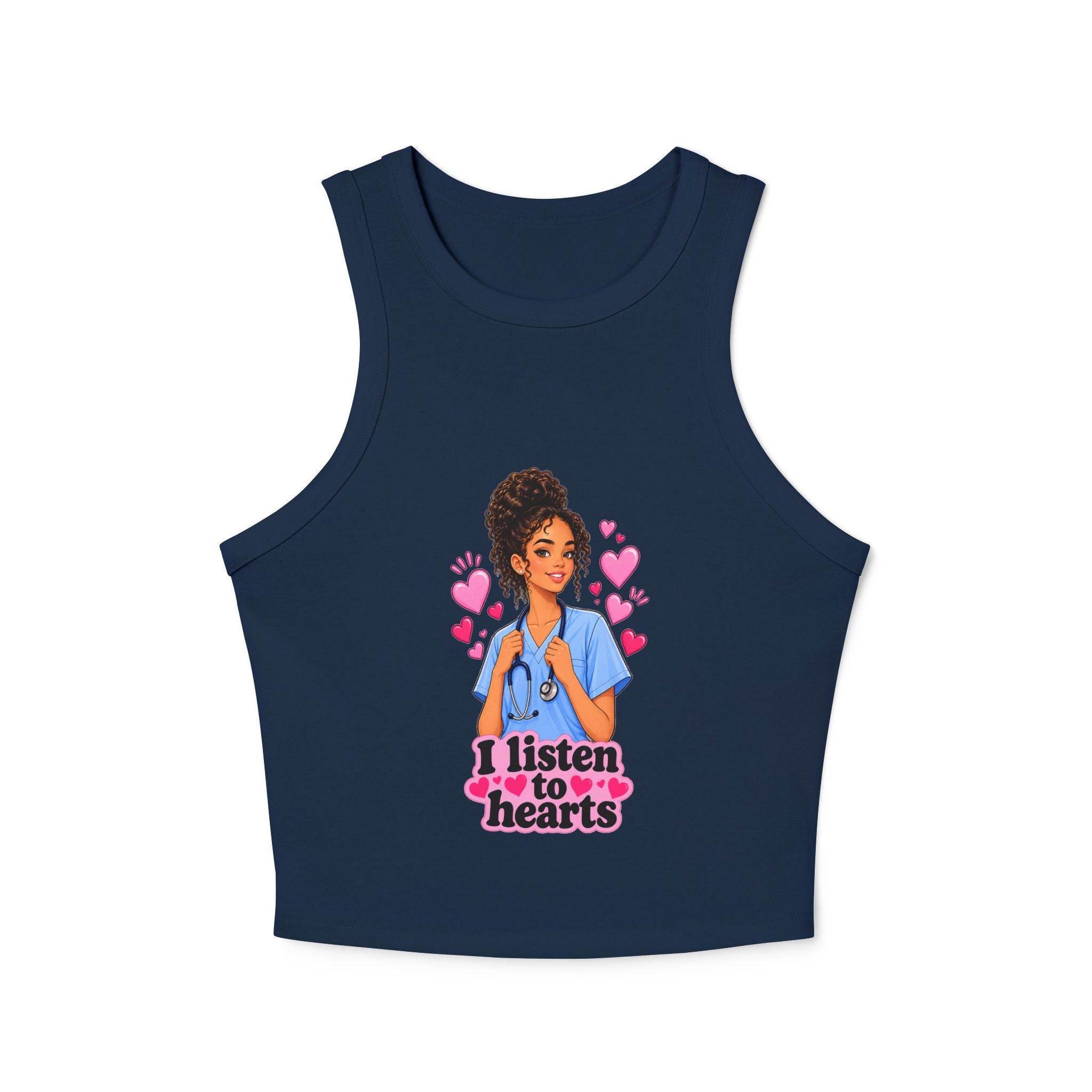 Nurse Graphic Tank Top — "I Listen to Hearts" Micro Rib Racer Tank