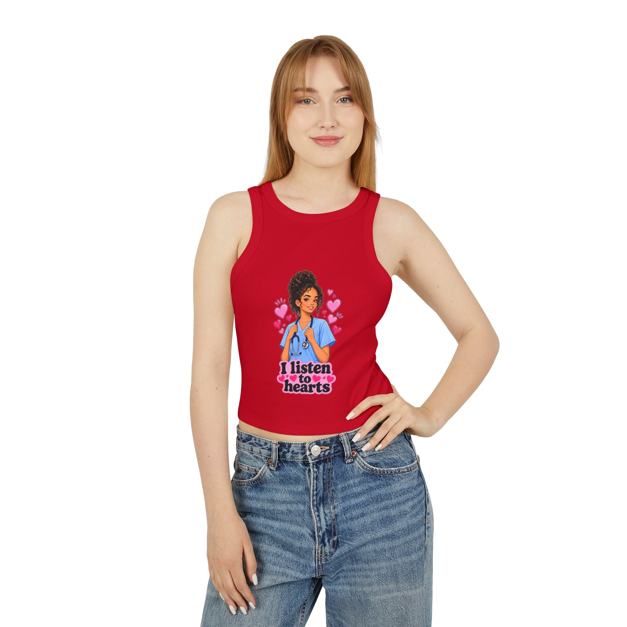 Nurse Graphic Tank Top — "I Listen to Hearts" Micro Rib Racer Tank