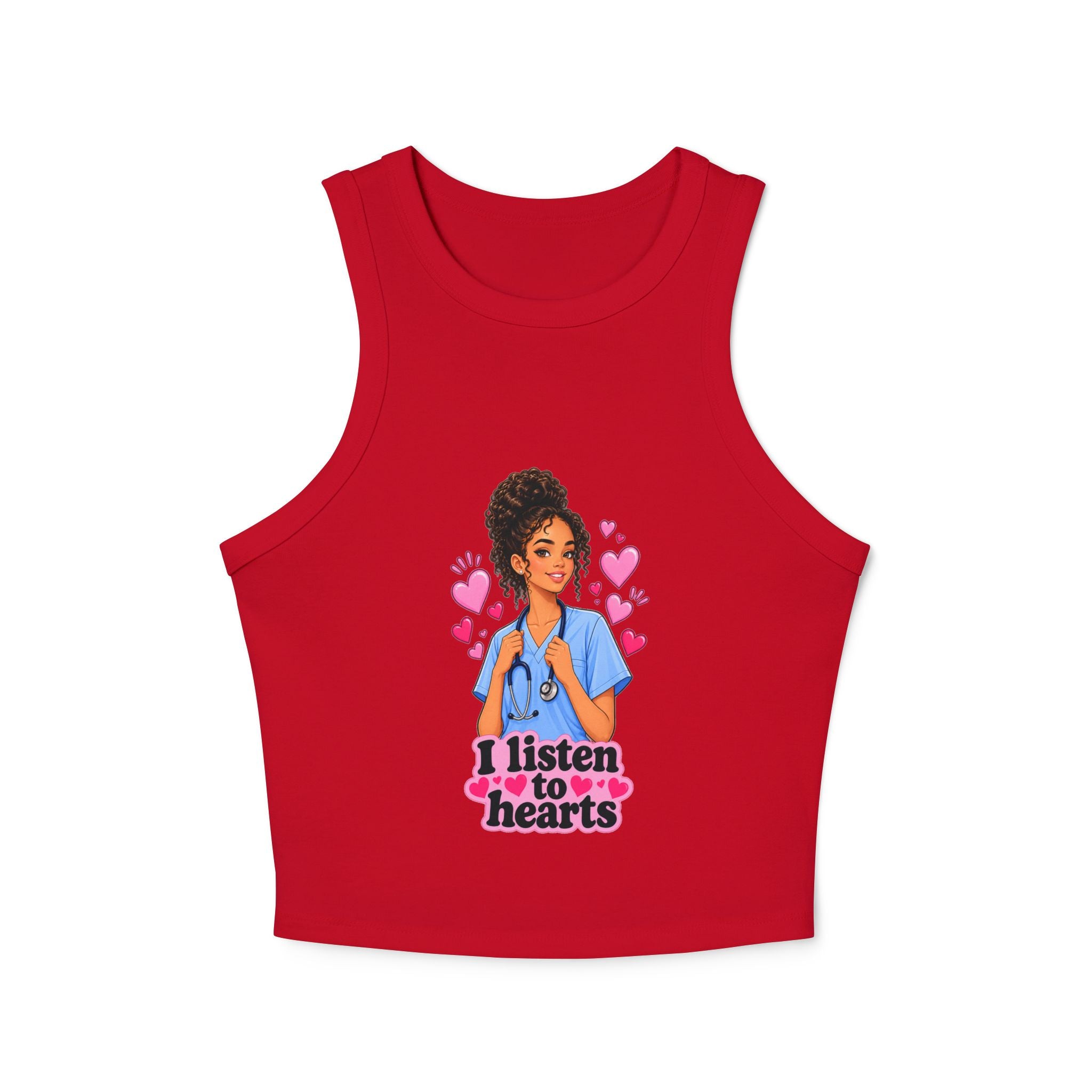 Nurse Graphic Tank Top — "I Listen to Hearts" Micro Rib Racer Tank
