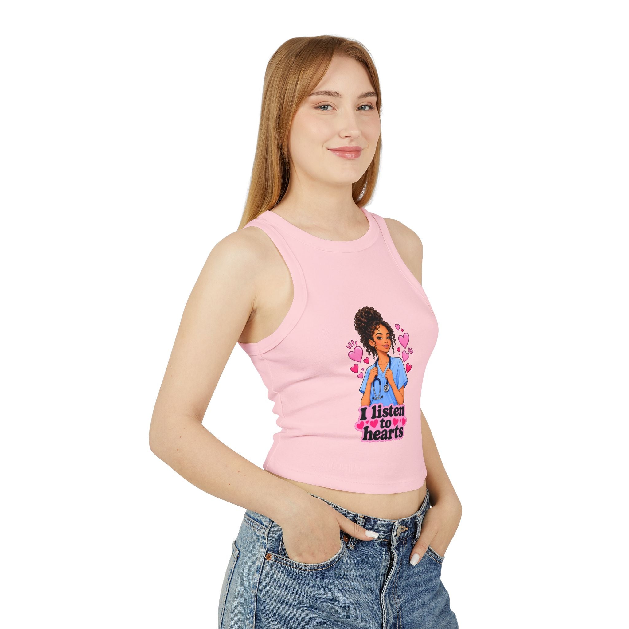 Nurse Graphic Tank Top — "I Listen to Hearts" Micro Rib Racer Tank