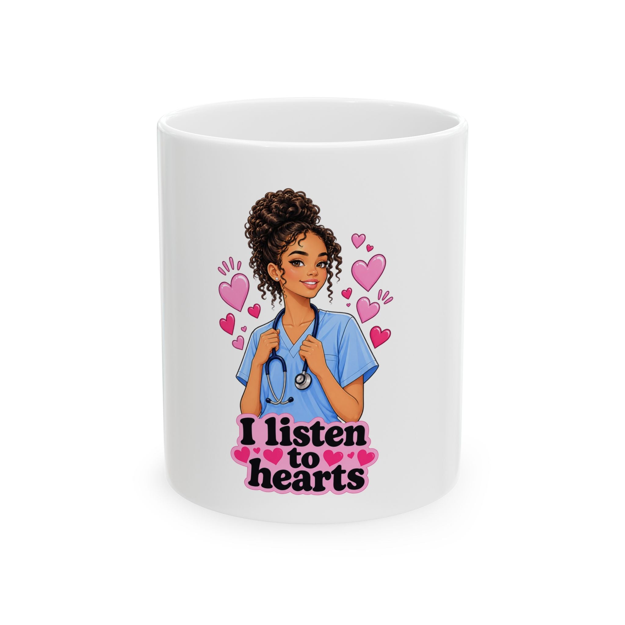 Nurse Ceramic Mug – “I Listen to Hearts” Cute Scrub RN Coffee Cup