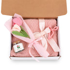 4-Piece Blush & Bloom Gift Set (Candle, Blanket, Crochet Bouquet, Bow Clip)