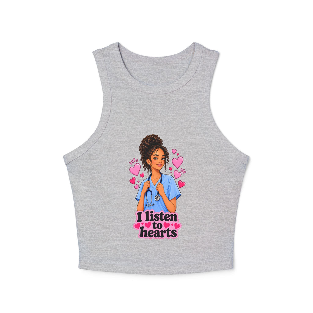 Nurse Graphic Tank Top — "I Listen to Hearts" Micro Rib Racer Tank
