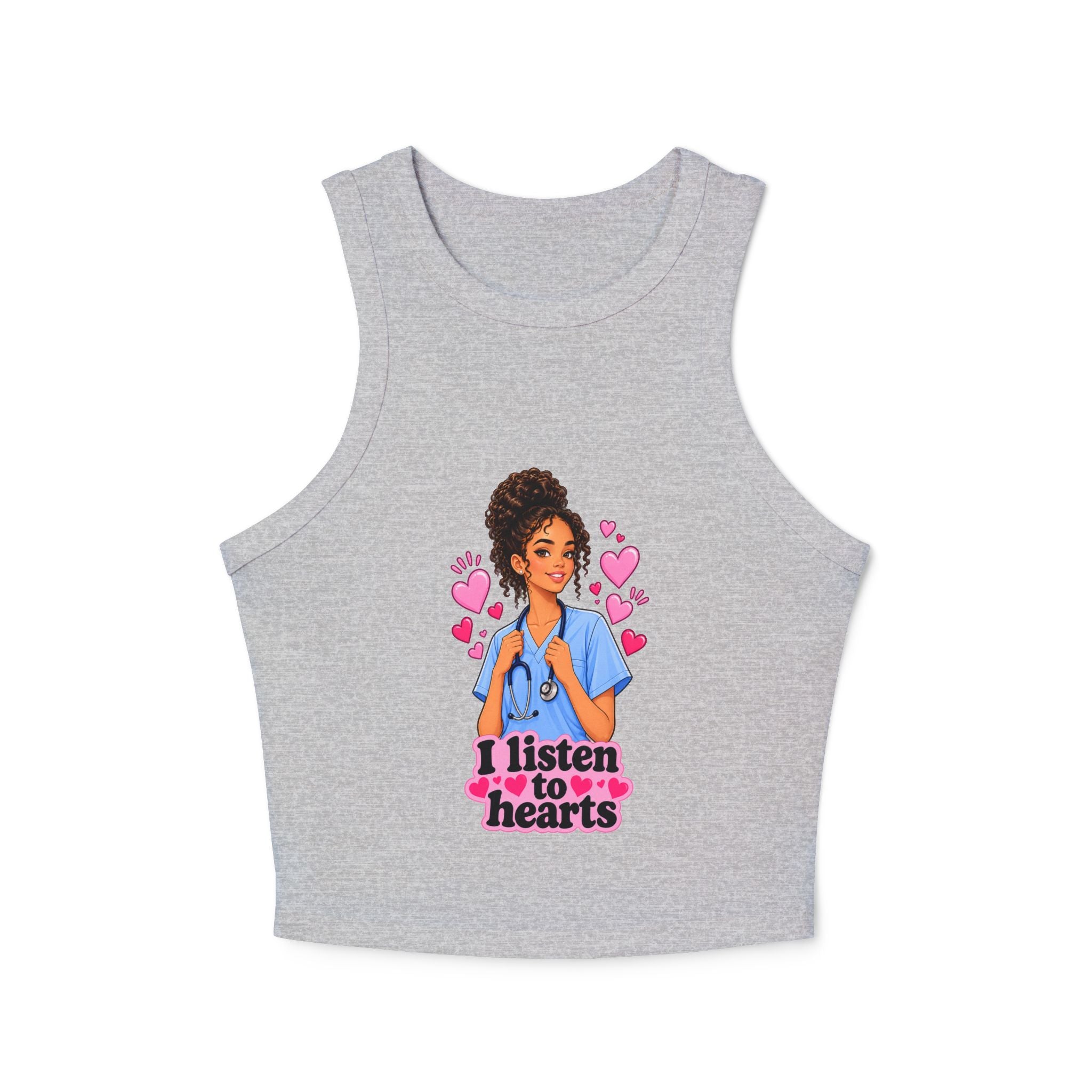 Nurse Graphic Tank Top — "I Listen to Hearts" Micro Rib Racer Tank