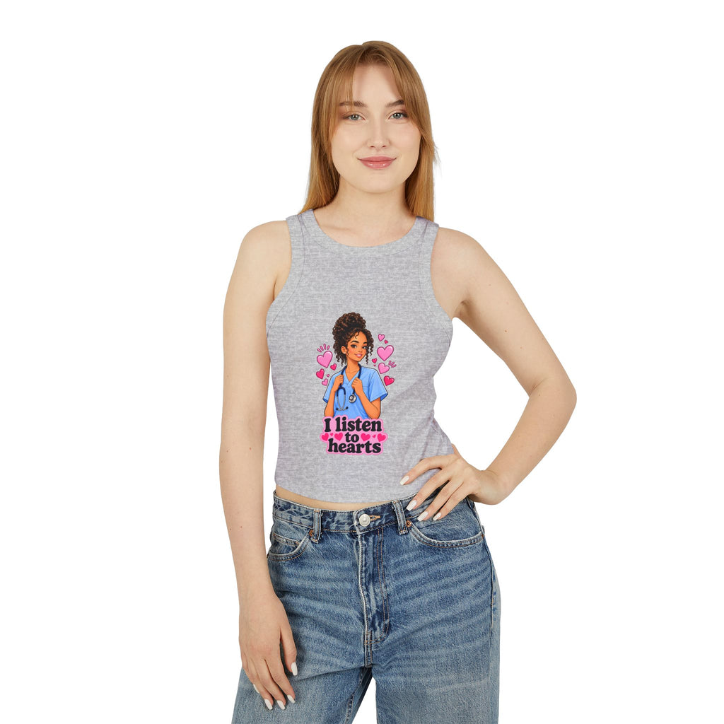 Nurse Graphic Tank Top — "I Listen to Hearts" Micro Rib Racer Tank