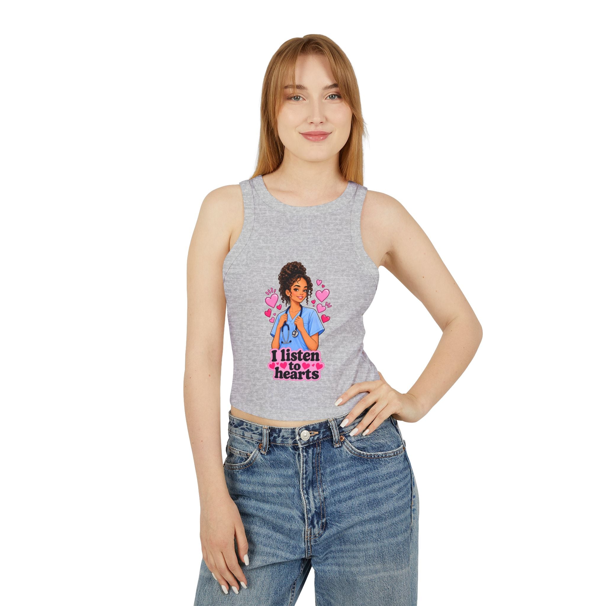 Nurse Graphic Tank Top — "I Listen to Hearts" Micro Rib Racer Tank