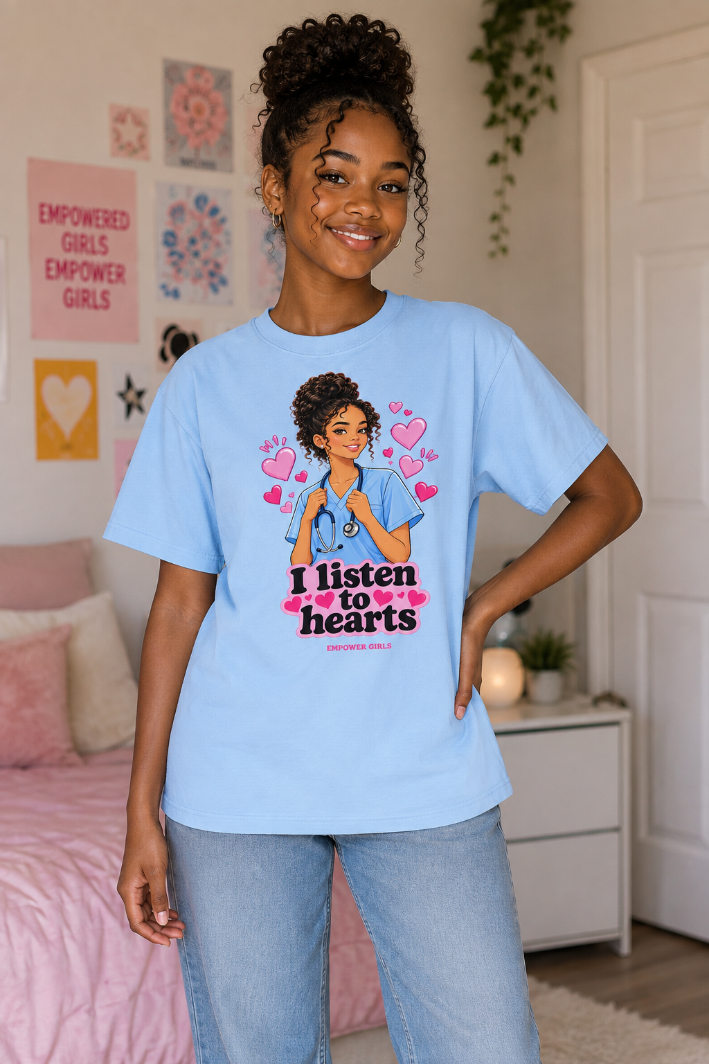 Youth Tee — Cute Nurse Illustration "I Listen to Hearts" Kids T-Shirt, Medical Kid Gift