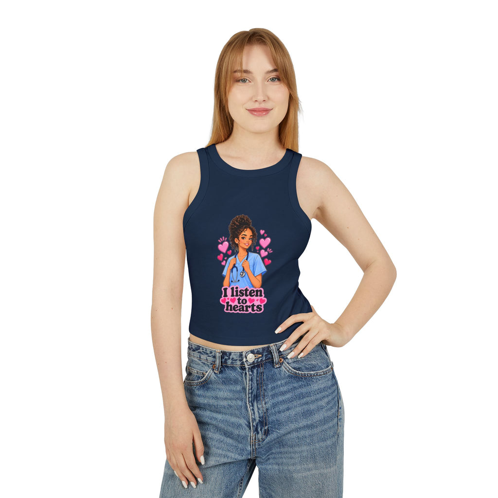 Nurse Graphic Tank Top — "I Listen to Hearts" Micro Rib Racer Tank