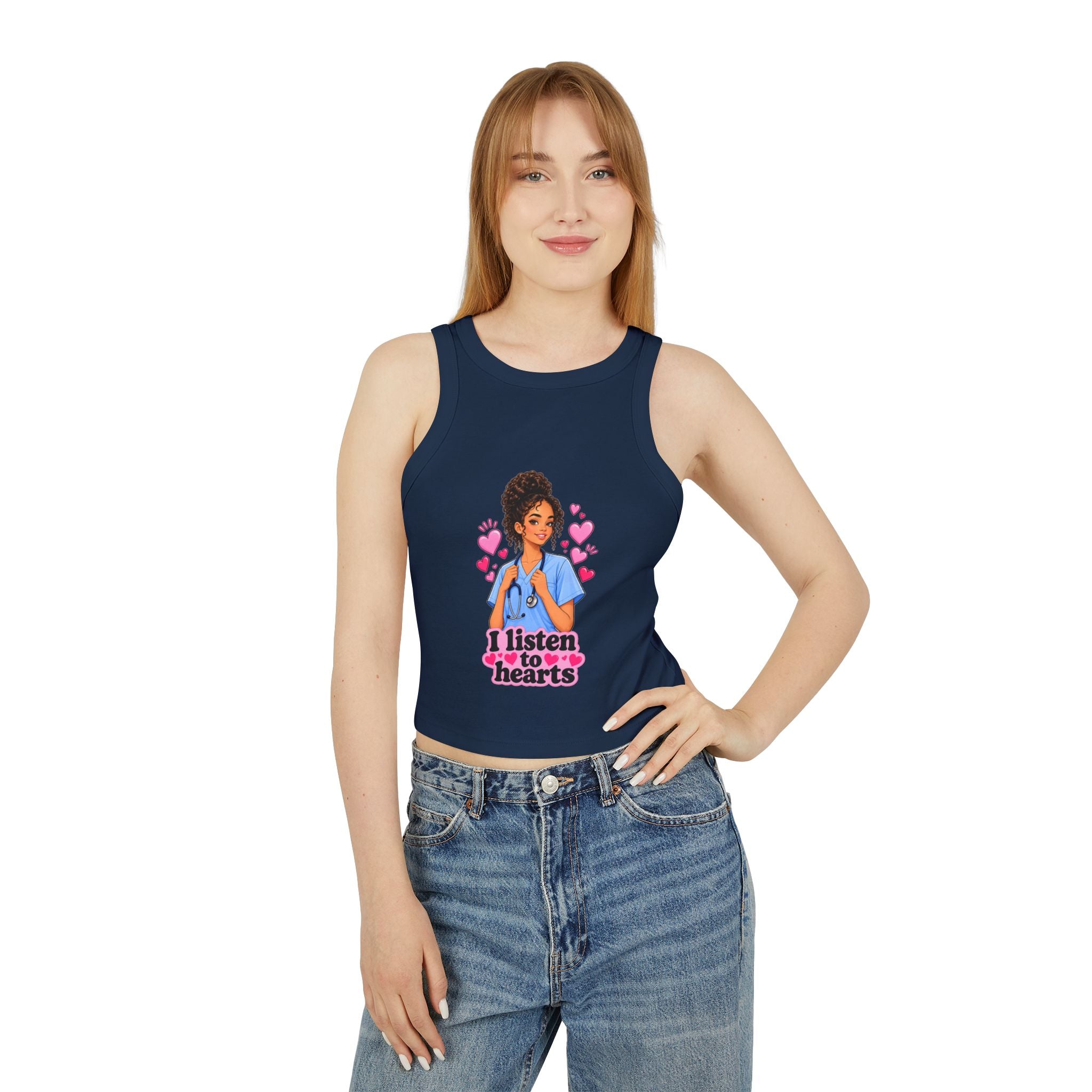 Nurse Graphic Tank Top — "I Listen to Hearts" Micro Rib Racer Tank