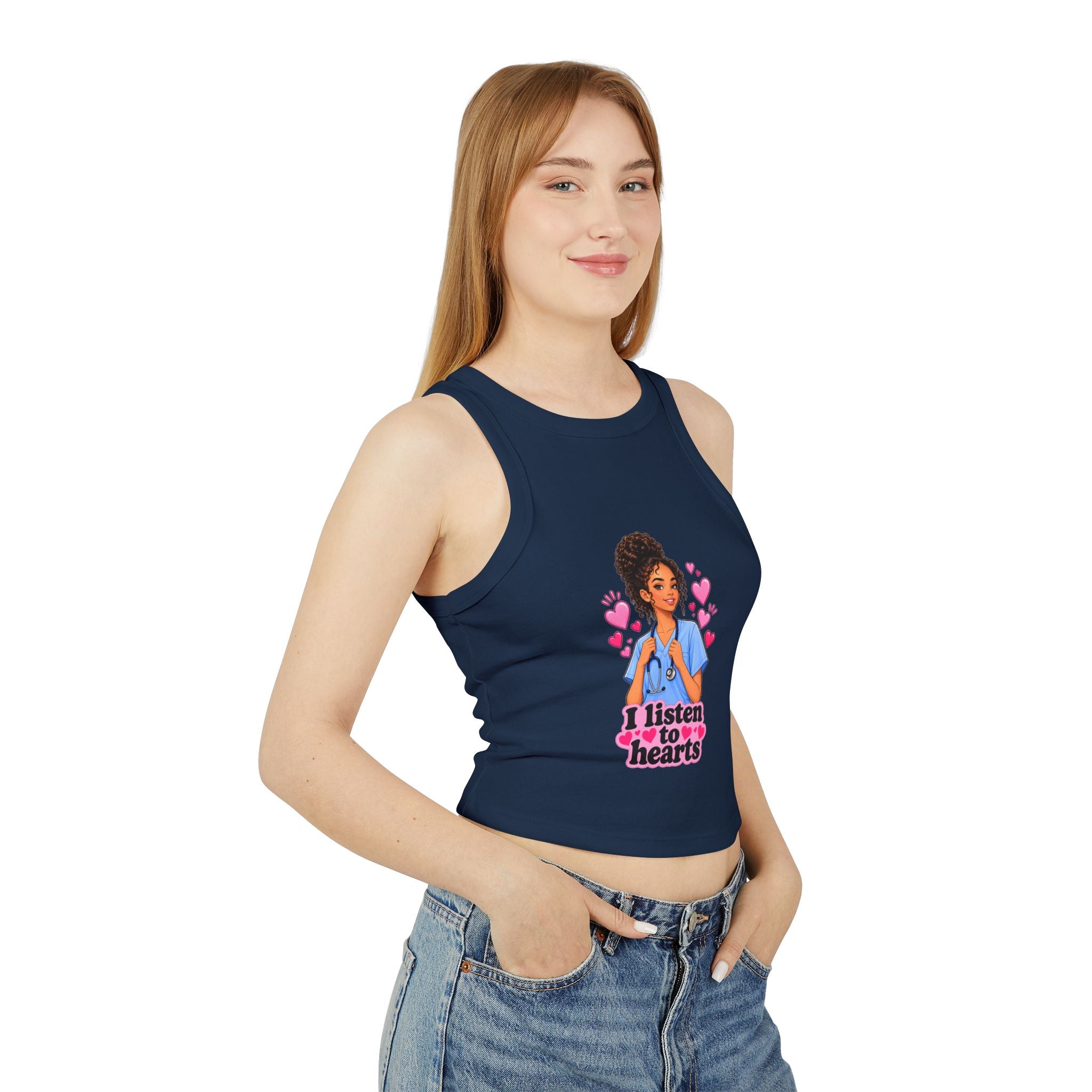 Nurse Graphic Tank Top — "I Listen to Hearts" Micro Rib Racer Tank