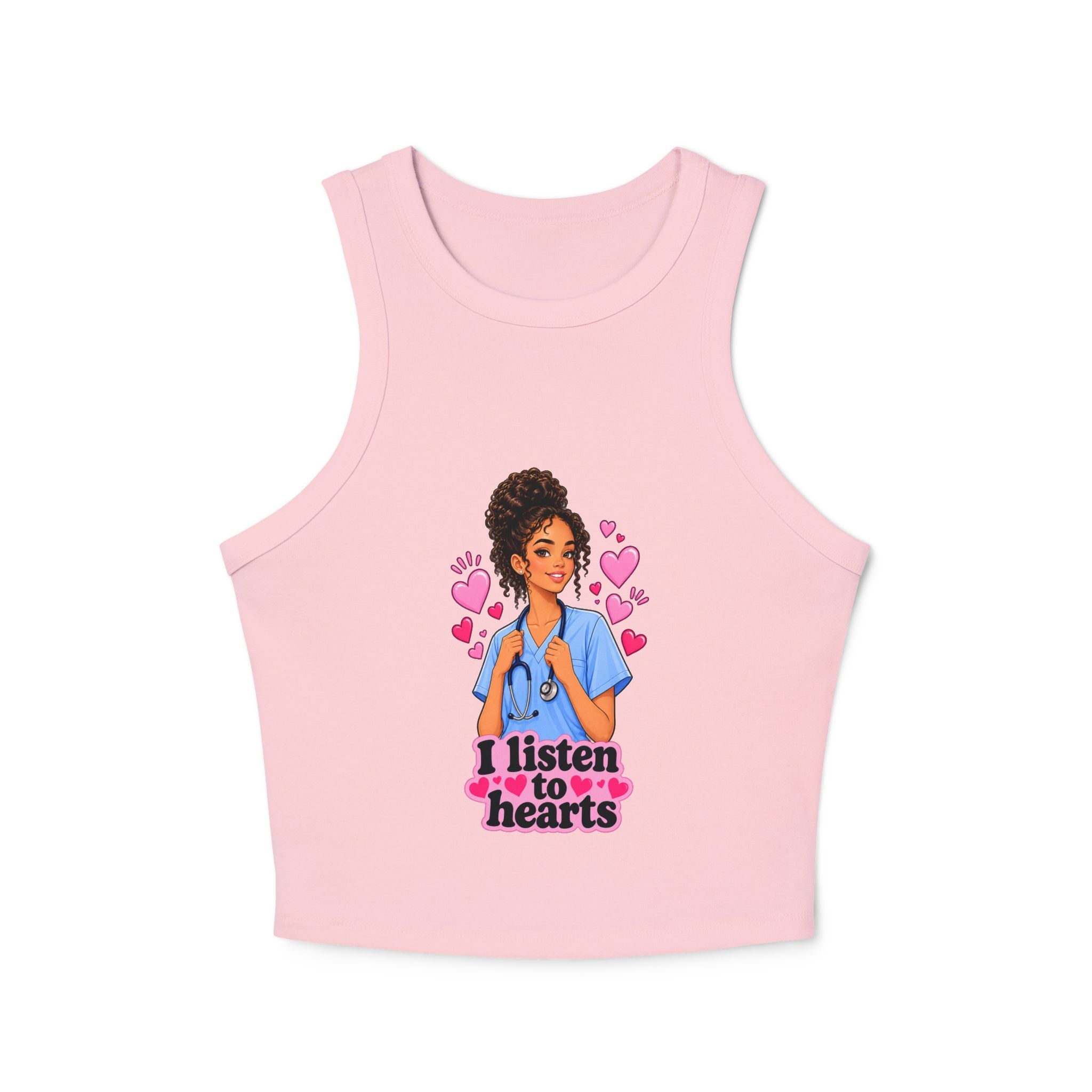 Nurse Graphic Tank Top — "I Listen to Hearts" Micro Rib Racer Tank