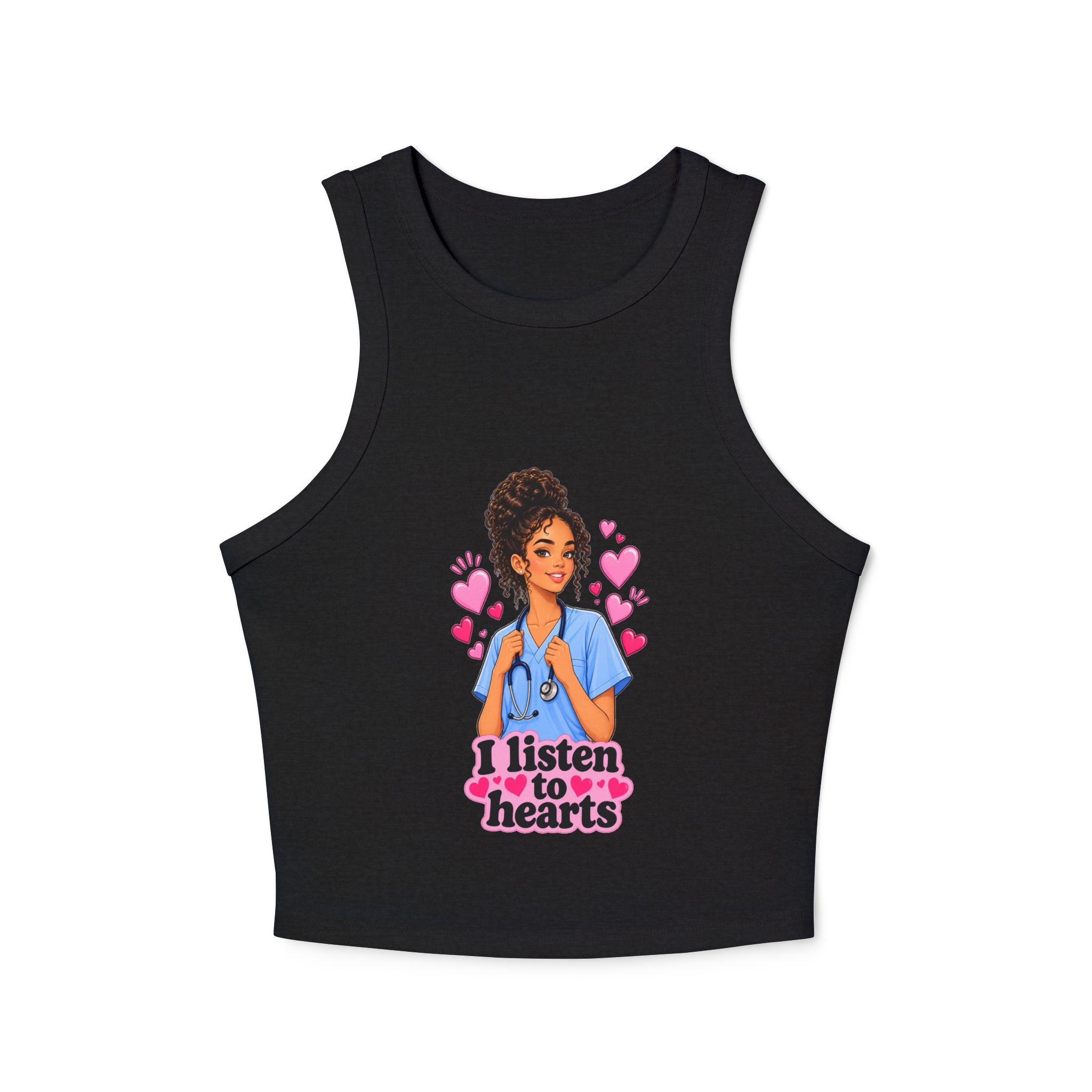 Nurse Graphic Tank Top — "I Listen to Hearts" Micro Rib Racer Tank