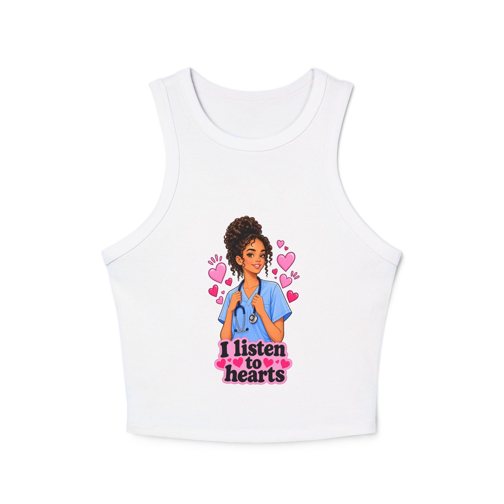 Nurse Graphic Tank Top — "I Listen to Hearts" Micro Rib Racer Tank