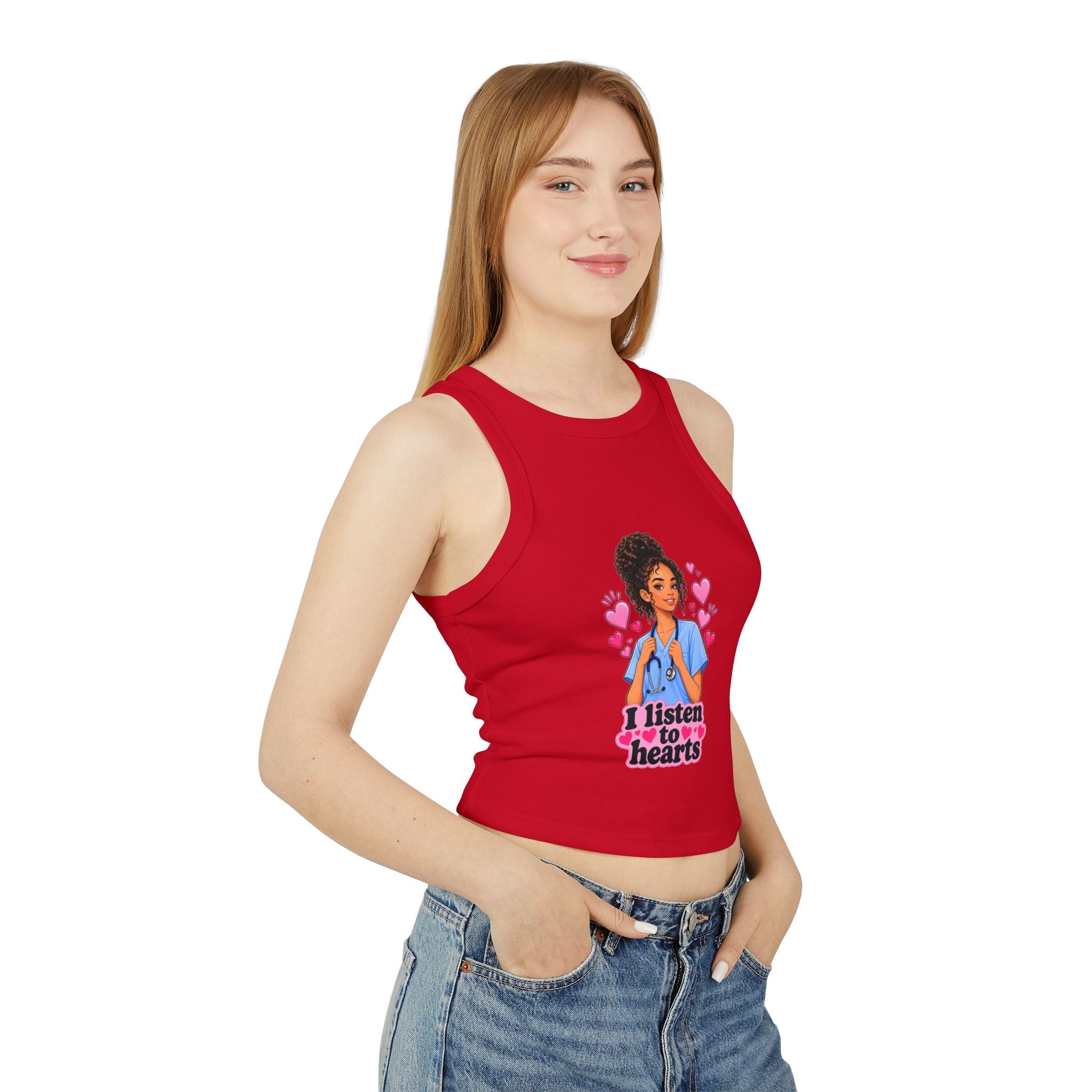 Nurse Graphic Tank Top — "I Listen to Hearts" Micro Rib Racer Tank